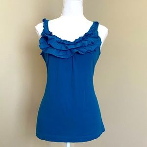 Blue Sleeveless, Scoop-Neck Tank Top with Ruffled Collar